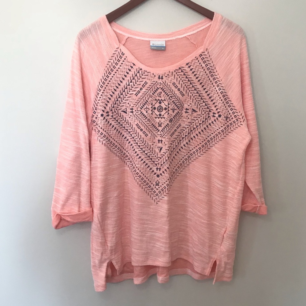 Columbia Peach Pink Tribal Graphic 3/4 Sleeve Top